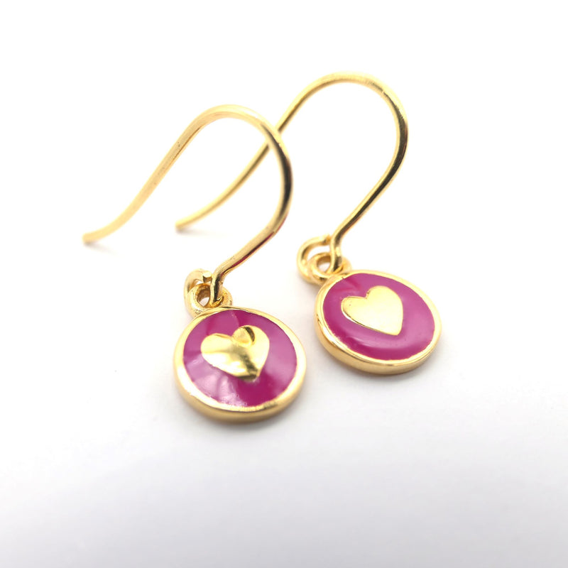 Gold Vermeil Hook Earrings: Pink Enamel Mini Heart Medallion