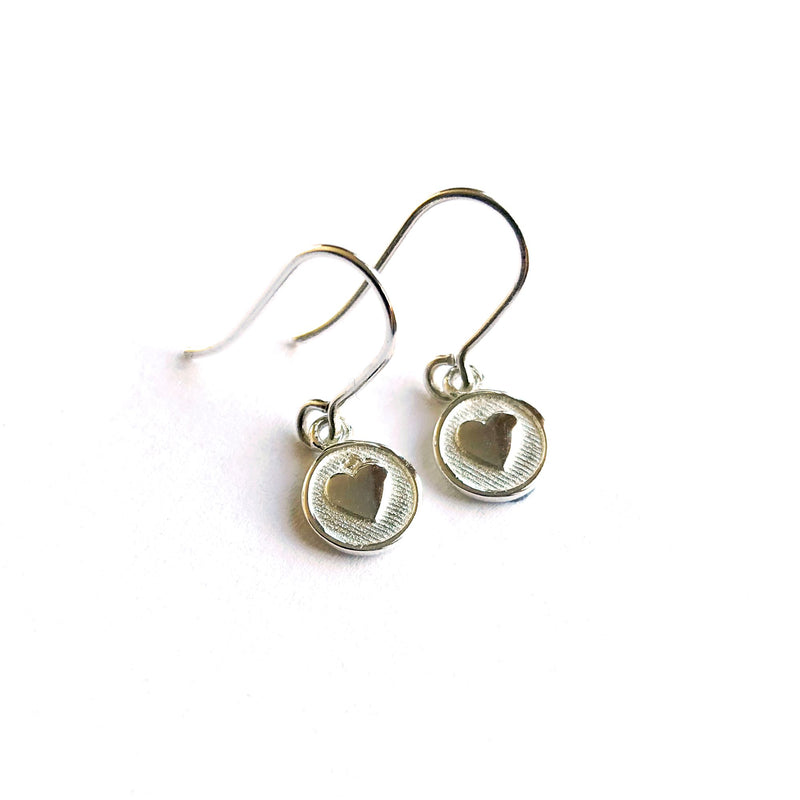 Silver Hook Earrings: Mini Heart Medallion