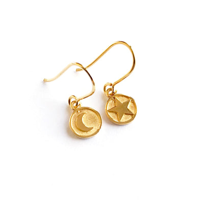 Gold Vermeil Hook Earrings: Mini Moon & Star Medallions