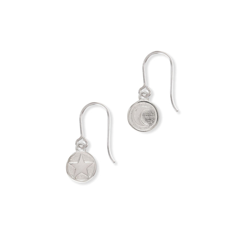 Silver Hook Earrings: Mini Moon & Star Medallions