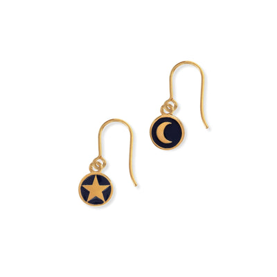 Gold Vermeil Hook Earrings: Indigo Enamel Mini Moon & Star Medallions