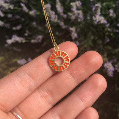 Enamel Gold Vermeil Flower Ring Necklace: Orange