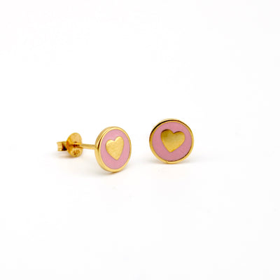 Enamel Heart Stud Earrings Gold Vermeil - Powder Pink