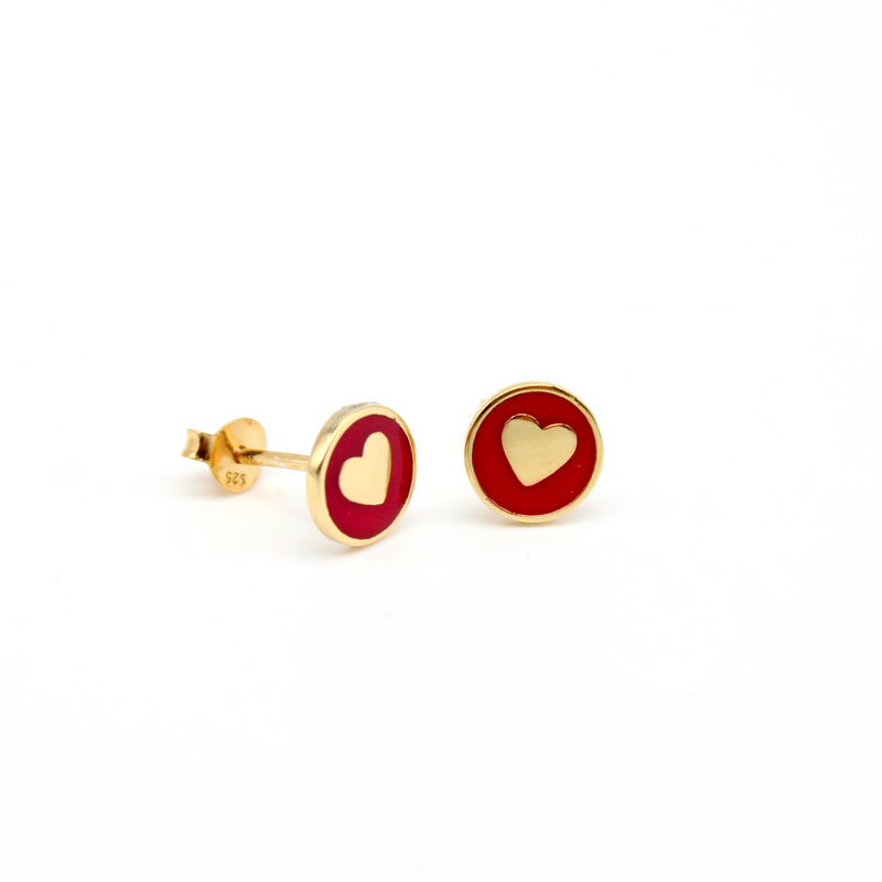 Enamel Heart Stud Earrings Gold Vermeil - Cherry Red