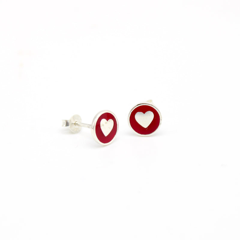 Enamel Heart Stud Earrings Silver - Cherry Red