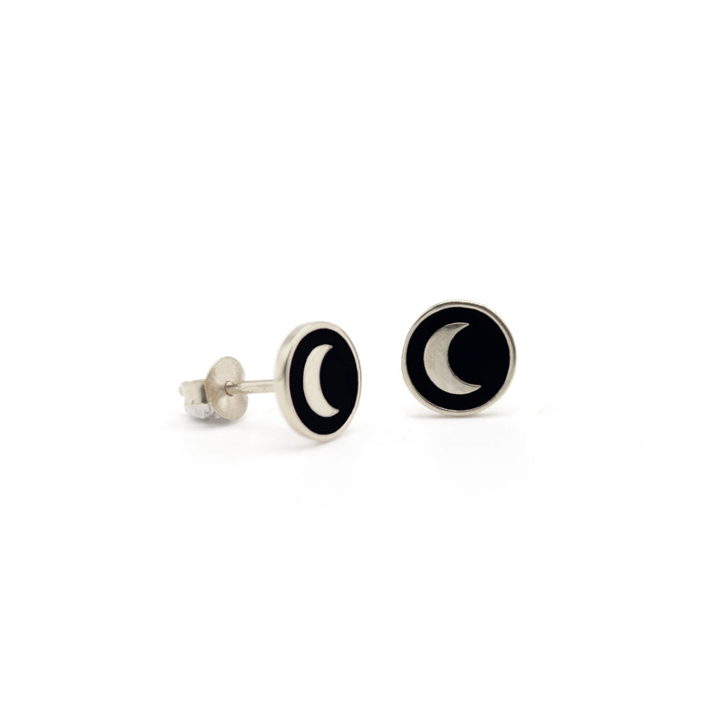 Enamel Moon Stud Earrings Silver - Black