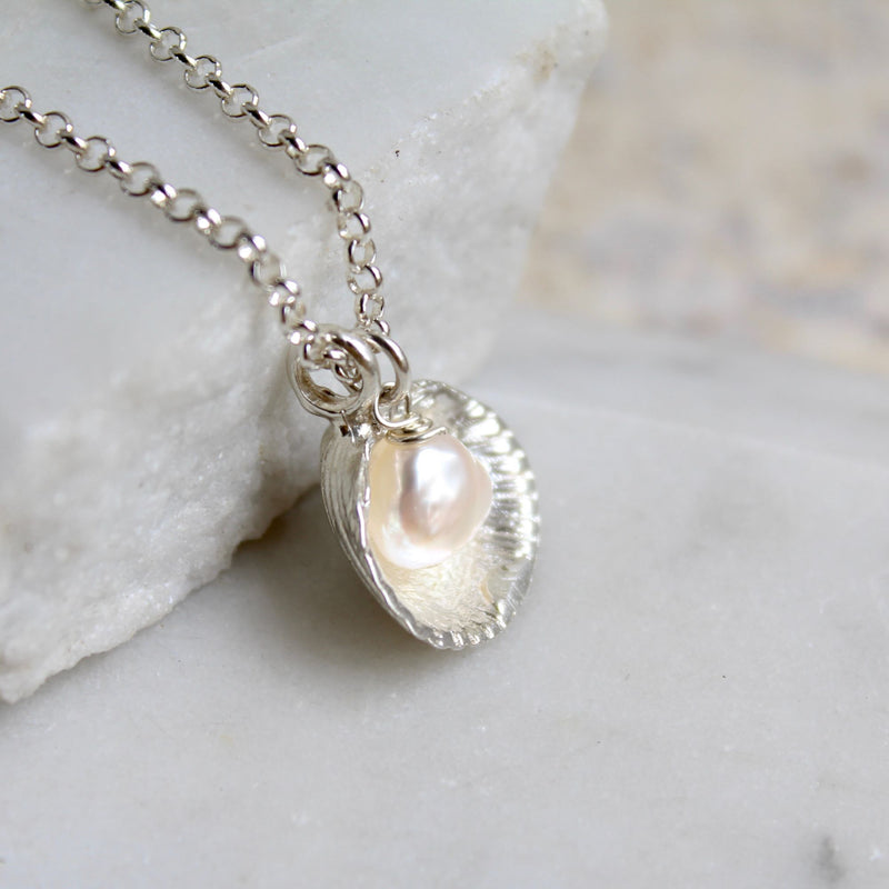 Silver Venus Shell Pendant with Baroque Pearl