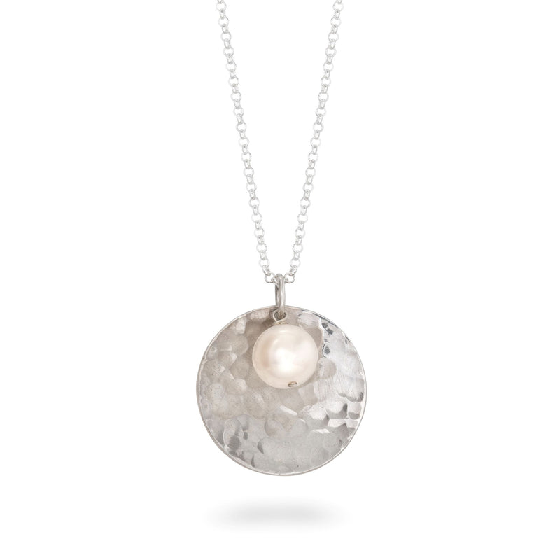 Large Hammered Silver Dome Pendant Necklace with Round Pearl