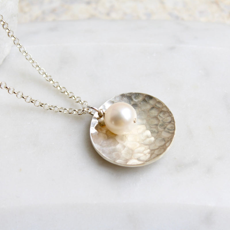 Large Hammered Silver Dome Pendant Necklace with Round Pearl