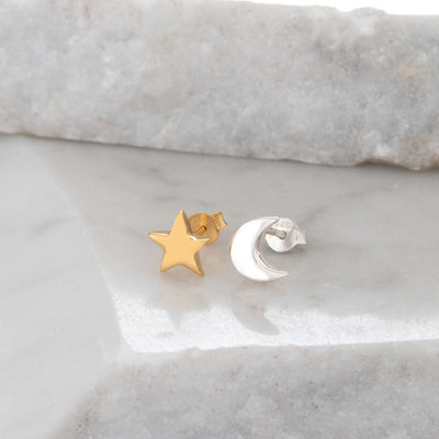 Moon and Star Stud Earrings Silver & Gold