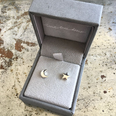 Moon and Star Stud Earrings Silver