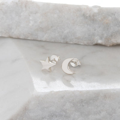Moon and Star Stud Earrings Silver