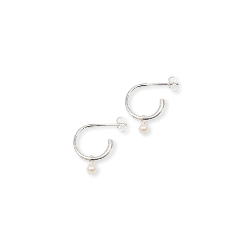 Silver Half Hoop Earrings 14mm with Tiny Pearl