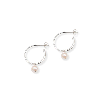 Silver Half Hoop Earrings 21mm with Medium Pearl