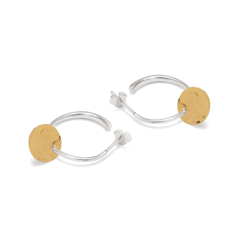 Silver Half Hoop Earrings with Gold Hammered Discs