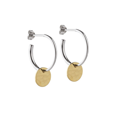 Silver Half Hoop Earrings with Gold Hammered Discs