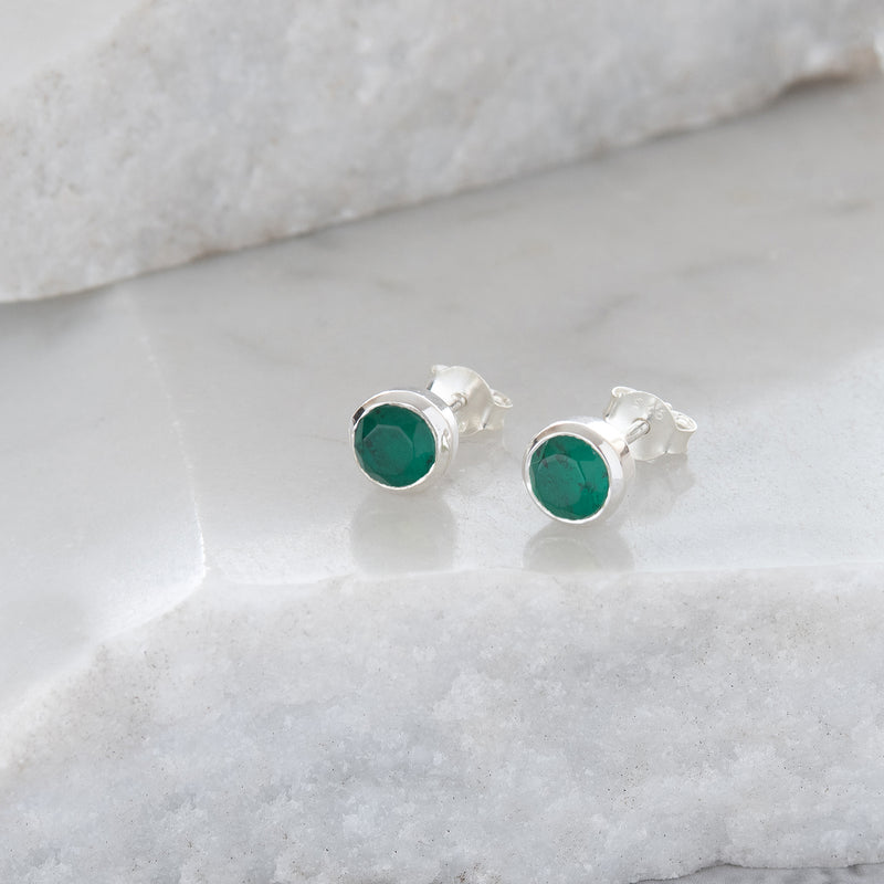 Birthstone Stud Earrings May: Emerald & Silver
