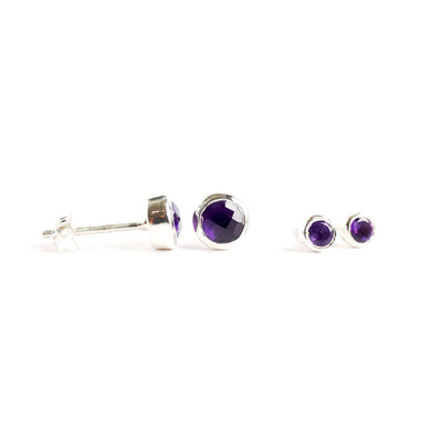 Mini Birthstone Stud Earrings February: Amethyst & Silver