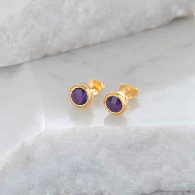 Birthstone Stud Earrings February: Amethyst & Gold Vermeil