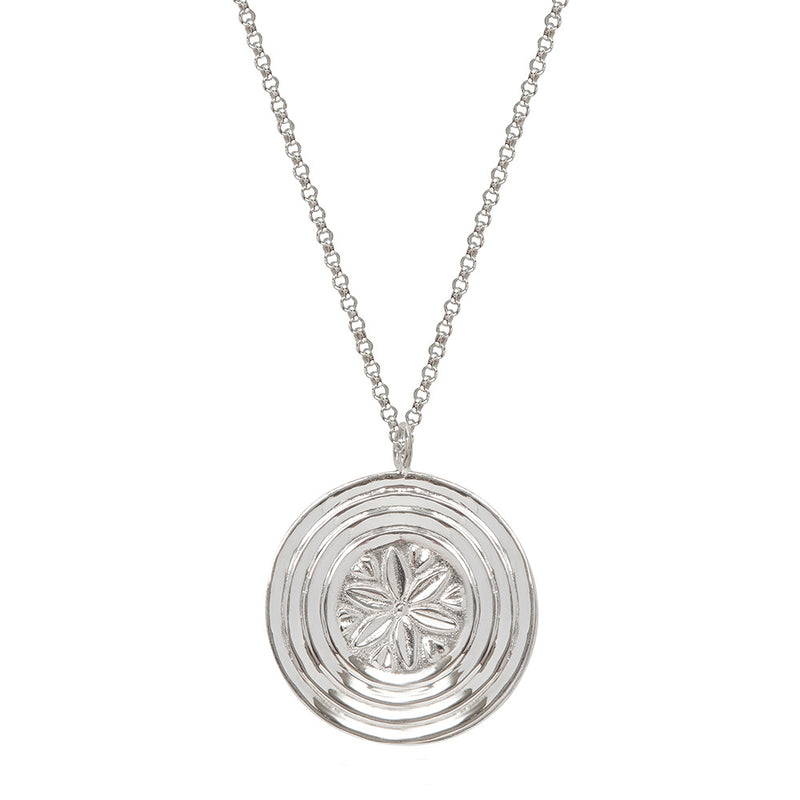 Large Silver Sand Flower Disc Amulet Necklace