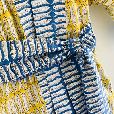 Long Kimono - Mustard Fish Fabric with Blue Trim