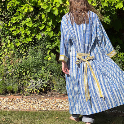 Long Kimono - Blue Fish Fabric with Mustard Trim
