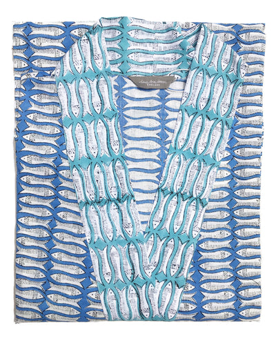 Long Kimono - Blue Fish Fabric with Turquoise Trim