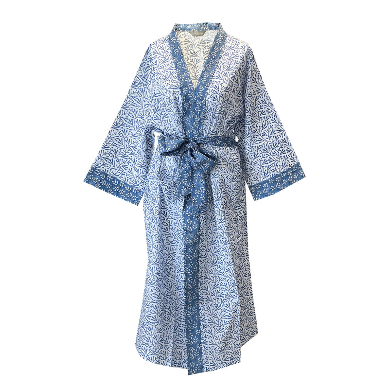 Long Cotton Kimono - Blue Bud Fabric