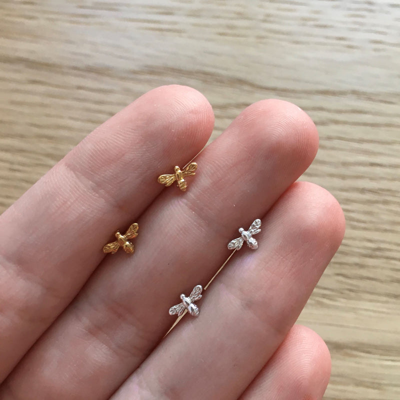 Mini Bee Stud Earrings Silver or Gold Vermeil