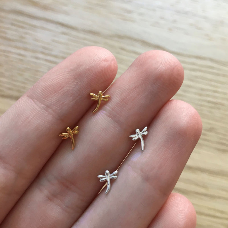 Mini Dragonfly Stud Earrings Silver or Gold Vermeil