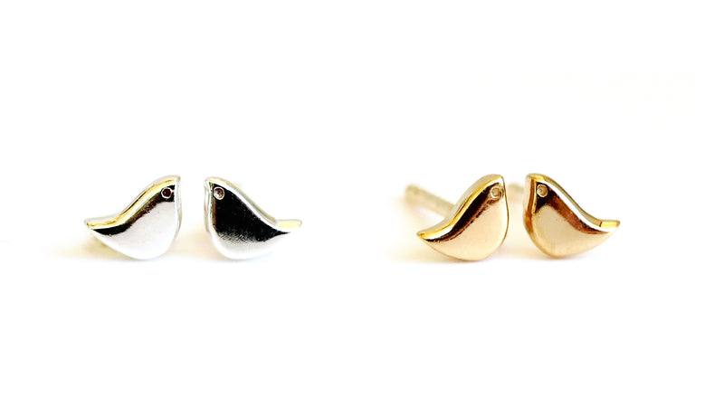 Mini Bird Stud Earrings Silver or Gold Vermeil