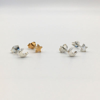 Mini Moon & Star Stud Earrings Silver & Gold Vermeil