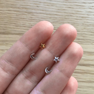 Mini Moon & Star Stud Earrings Silver & Gold Vermeil