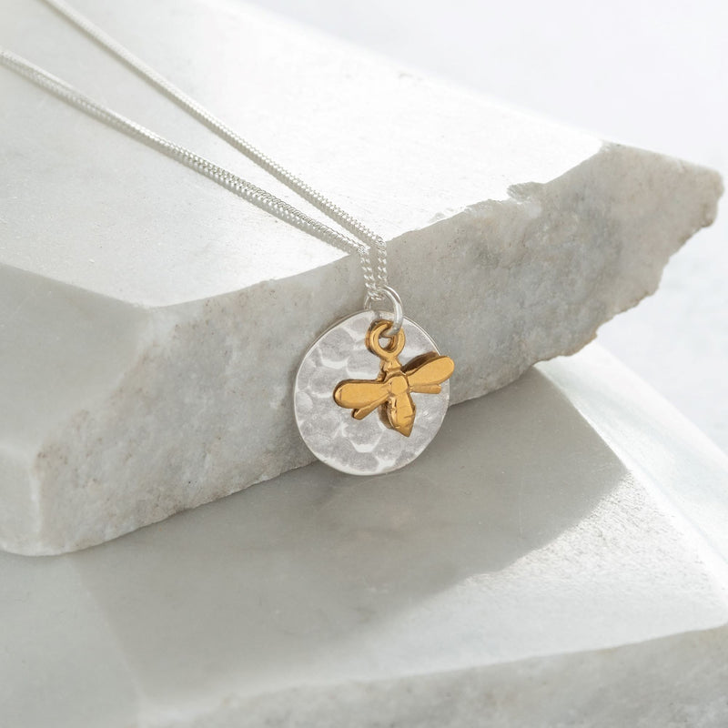 Hammered Silver Disc and Gold Bee Necklace