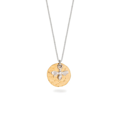 Hammered Gold Disc and Silver Bee Necklace