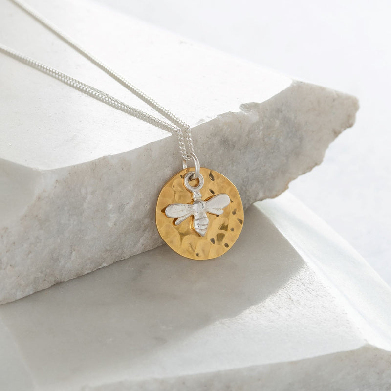 Hammered Gold Disc and Silver Bee Necklace
