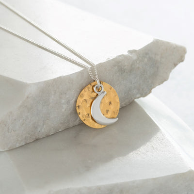 Hammered Gold Disc and Silver Moon Necklace