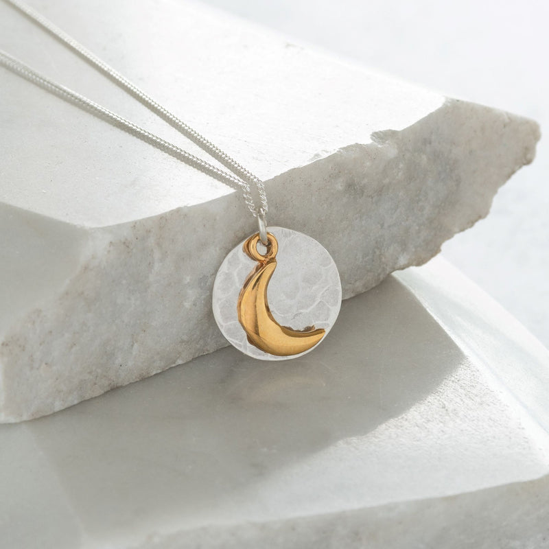 Hammered Silver Disc and Gold Moon Necklace