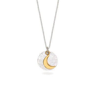 Hammered Silver Disc and Gold Moon Necklace