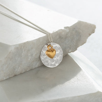 Hammered Silver Disc and Gold Heart Necklace