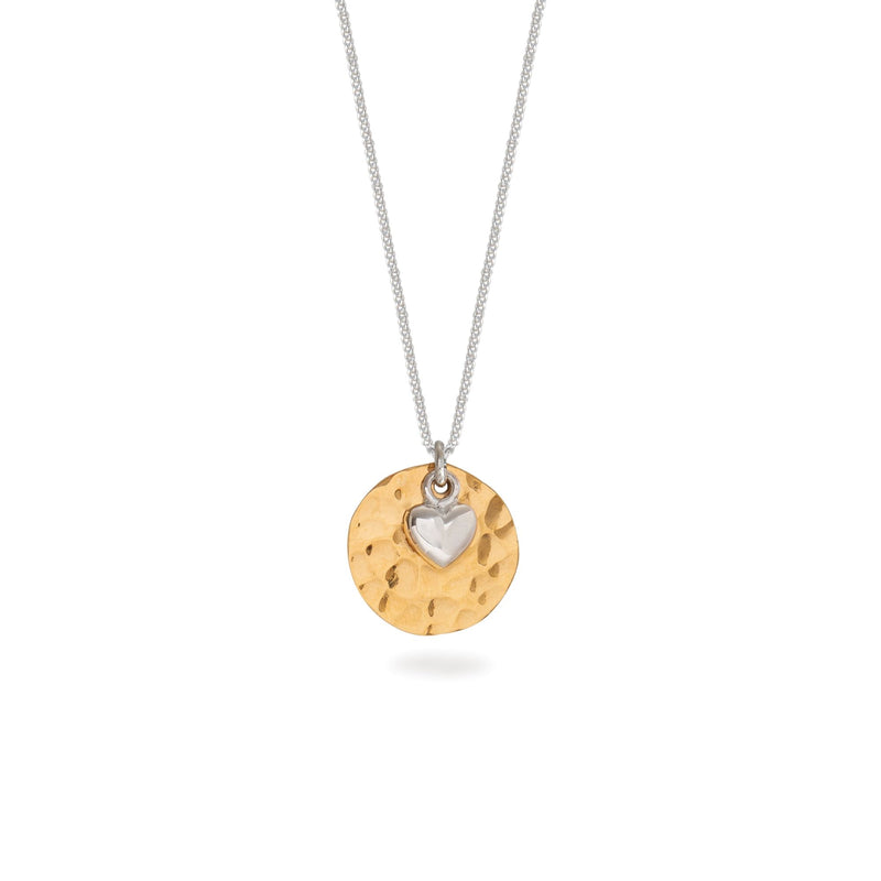 Hammered Gold Disc and Silver Heart Necklace
