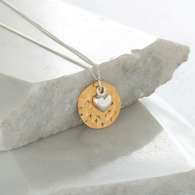 Hammered Gold Disc and Silver Heart Necklace