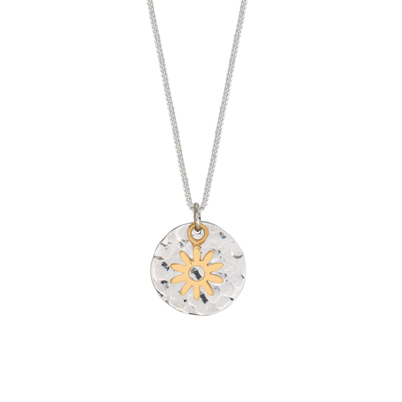 Hammered Silver Disc and Gold Flower Necklace