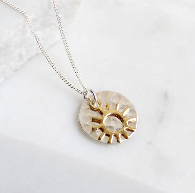 Hammered Silver Disc and Gold Sun Necklace