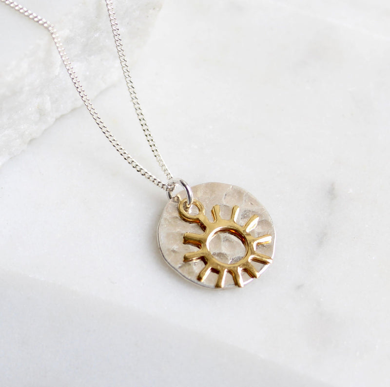Hammered Silver Disc and Gold Sun Necklace