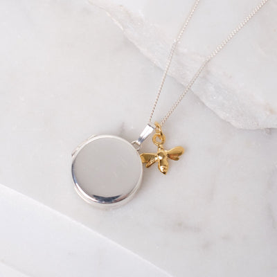 Round Drum Silver Locket With Gold Bee Charm