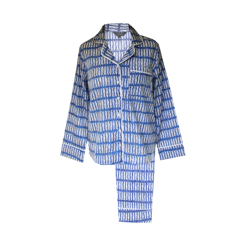Blue Fish Block Print Cotton Pyjamas
