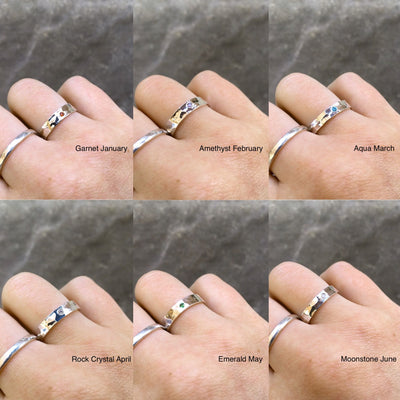 Hammered Silver Stacking Ring with Inset Birthstone