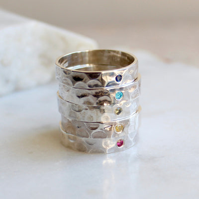 Hammered Silver Stacking Ring with Inset Birthstone