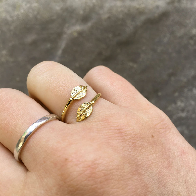Adjustable Double Leaf Charm Ring in Gold Vermeil